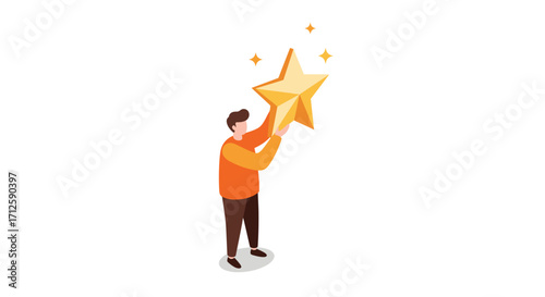 Person holding star symbolizing achievement and success in isometric style