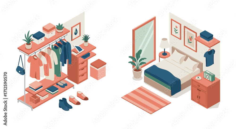 Obraz premium Modern isometric bedroom and closet design with furniture and accessories