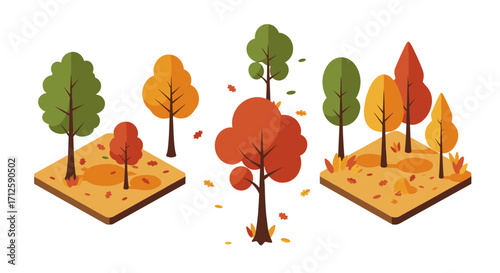Isometric autumn trees on platforms with falling leaves and seasonal colors