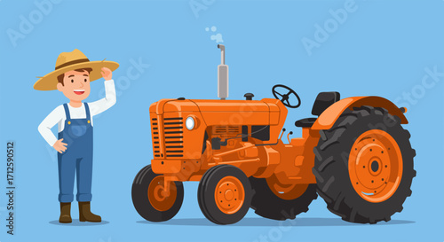 Farmer with tractor in agricultural field on sunny day. This scene of farmer with tractor emphasizes rural lifestyle and harvesting concept.