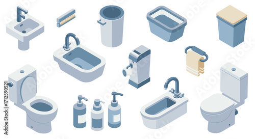 Isometric bathroom elements: sinks, toilets, tubs, and accessories in modern design