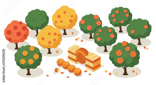 Isometric orchard with colorful fruit trees and apple crates in autumn scene