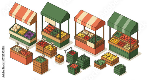 Isometric market stalls with fresh fruits and vegetables