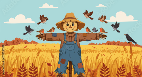 Scarecrow with birds in field under bright sky, idyllic autumn scene. Scarecrow standing, birds around is heartwarming countryside image. Symbolizing autumn harvest,