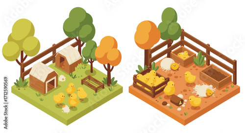 Isometric farm life: adorable chicks in vibrant barnyard setting