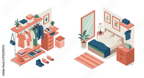 Modern isometric bedroom and closet design with furniture and accessories