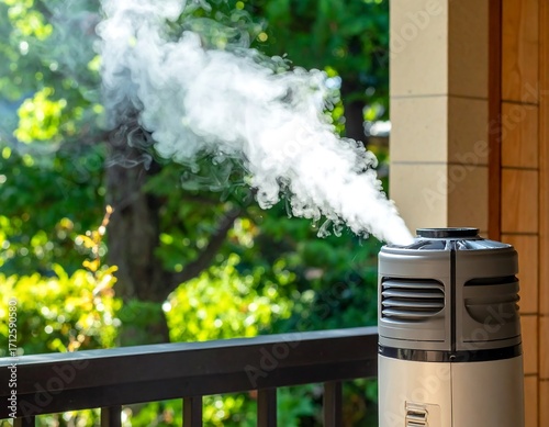 Outdoor humidifier emitting white steam on a patio