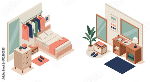 Isometric bedroom and workspace interior design with modern furniture and decor