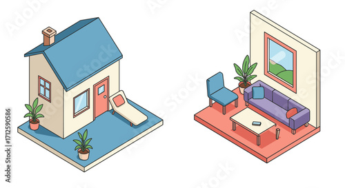 Isometric minimalist house and interior with plants and furniture