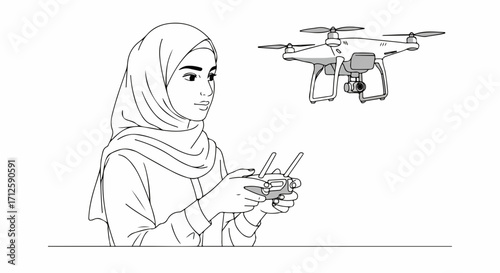 Muslim woman with drone in monotone style, piloting new technology. Drone is modern unmanned aerial vehicle, controlled by young woman, and showing innovative future. Using drone,