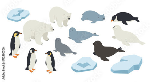 Arctic and antarctic animals: penguins, polar bears, seals, and icebergs in flat style