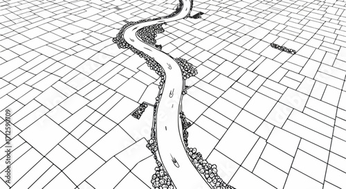Illustration of winding river through grid, winding river illustration showcases a hand drawn river running through an abstract gridded land, with hand drawn details.