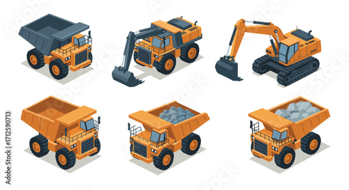 Set of isometric construction vehicles: dump trucks and excavators