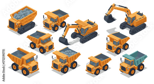 Isometric construction vehicles set with excavators and dump trucks on white background