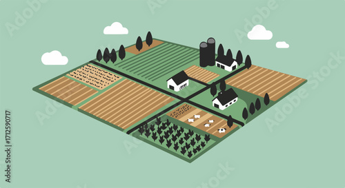 Isometric farm with barns and cultivated fields in cartoon style from above. Farm representation includes different fields and trees to showcase agriculture.