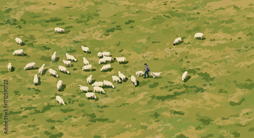 Sheep herding with flock of sheep in grassy field, depicting farm activity. Sheep herding, showing rural environment and pastoral lifestyle with animals and farmer.