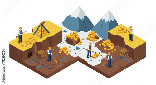 Isometric gold mining scene with workers and mountains