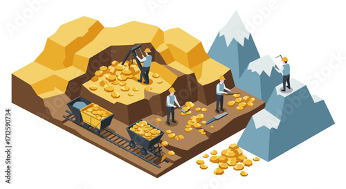 Isometric gold mining scene with workers and mountains
