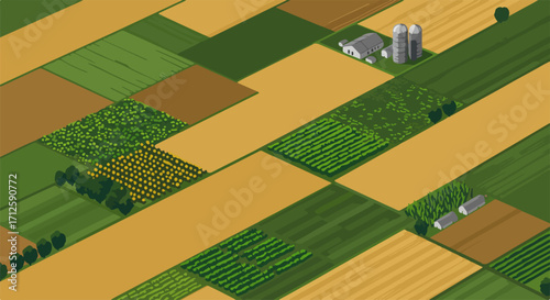 Aerial farmland view features cultivated fields, grains and farm buildings. Farmland landscape view presents crops, trees, and rural structures creating intricate patterns and textures.
