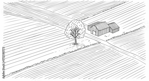 Farm landscape illustration shows a rural scene, barn, tree, and fields. Farm landscape is a simple line drawing for a coloring book.