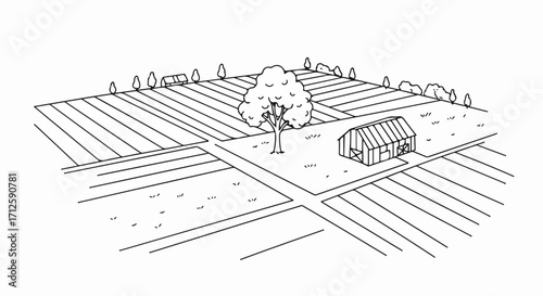 Farm landscape drawing featuring fields, farmhouse, and tree. Farm landscape drawing showcases agriculture and rural setting with clear lines and simple details.