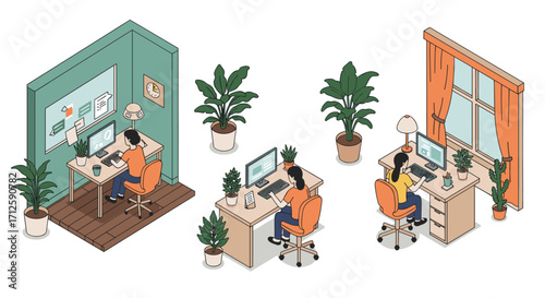 Home office isometric set: three modern workspaces with plants and technology