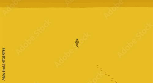 Abstract figure in yellow landscape on horizon, lone figure walking, creating footsteps in the landscape. Abstract figure symbolizes individual journey and exploring,