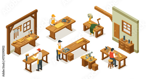 Isometric workshop scene with craftsmen working on wood projects