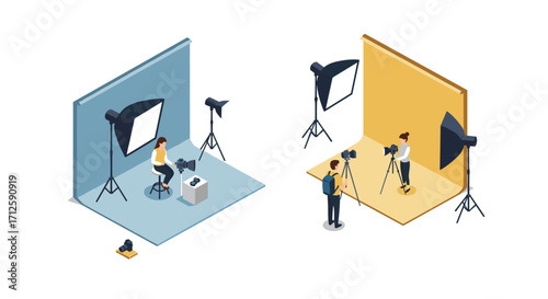 Isometric photography studio setup with equipment and photographers