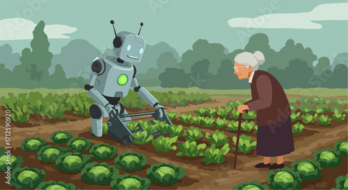 Robot farmer works alongside elderly woman in field harvesting vegetables. Robot farmer tends plants, showing interaction between technology and traditional agriculture.