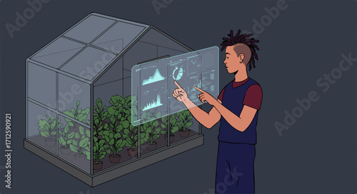 Greenhouse technology for sustainable agriculture, showcasing modern farming with digital interface and controlled environment. Greenhouse technology ensures optimal growing conditions for plants,