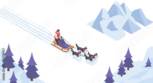 Adventurous winter sledding scene with dog team in snowy mountain landscape