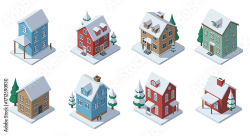 Snow-covered winter houses in isometric style with trees and details