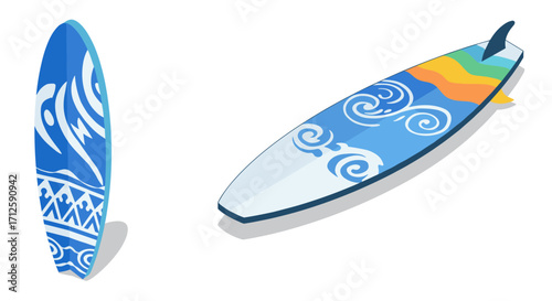Vibrant surfboards with stylized patterns on white background