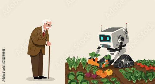 Automated farming shows agricultural robot harvesting crops while an older man observes. Automated farming of vegetables with new technologies improves production in agriculture.