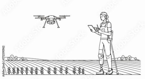 Outline drone technology showing farmer monitoring field with flying drone. Farmer using flying drone in agriculture to monitor crop growth on farm, taking notes on clipboard.