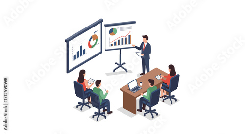 Wallpaper Mural Business meeting presentation in isometric style with diverse team analyzing data charts Torontodigital.ca