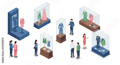 Isometric fashion exhibit featuring mannequins in glass display cases with visitors
