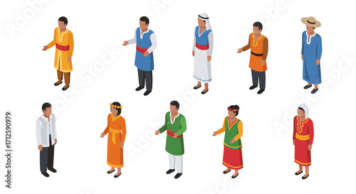 Diverse traditional clothing in isometric style featuring various global attire