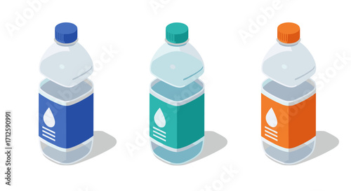 Colorful isometric water bottles with customizable labels on white background