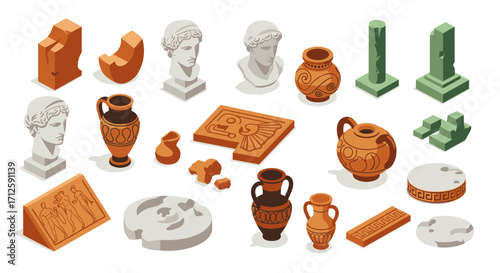 Isometric ancient artifacts collection with greek and roman sculptures and pottery