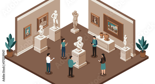 Isometric art gallery scene with visitors viewing paintings and sculptures