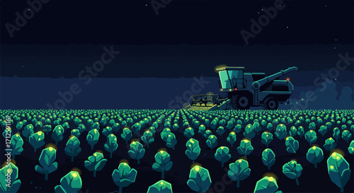 Night harvest scene with combine harvester working in field of glowing plants.  Combine harvester at night harvesting glowing plants.