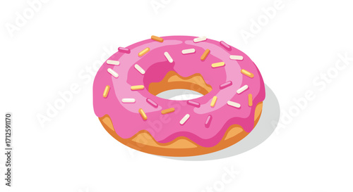Delicious pink frosted donut with sprinkles on white background