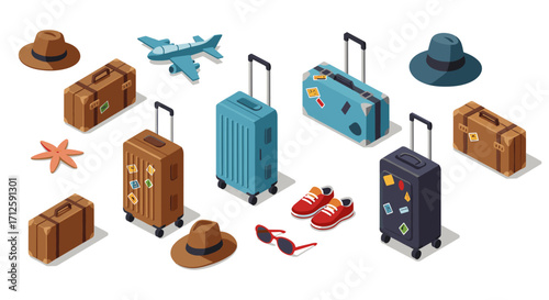Isometric travel essentials: suitcases, hats, and accessories for vacation planning
