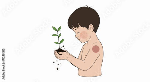 Child holding plant with care, nurturing seedling and showing affection for nature. Young child holding plant and learning responsibility, promoting earth preservation and environmental consciousness.