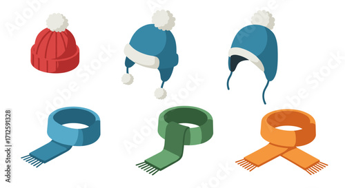 Colorful winter hats and scarves in isometric design for seasonal fashion concepts