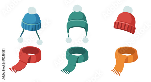 Winter hats and scarves collection in colorful isometric design