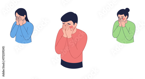 People covering faces in different emotional reactions on white background