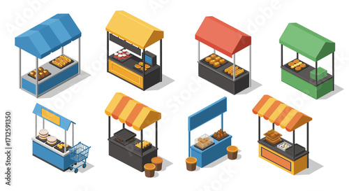 Isometric market stalls set with colorful awnings and various goods